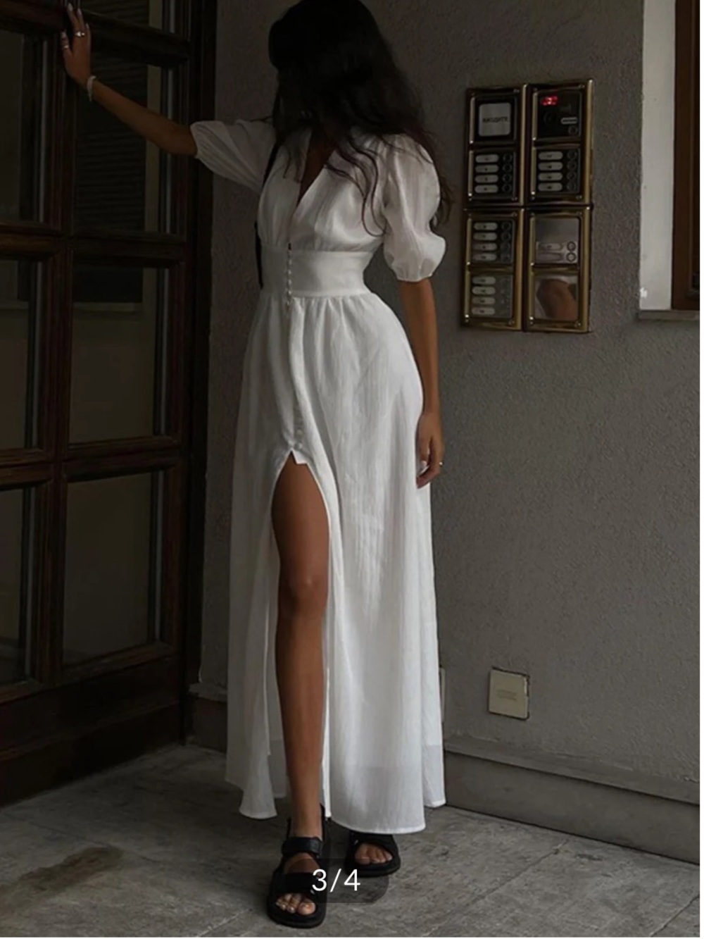 Commense White Maxi Dress with Puff Sleeves and Front Slit